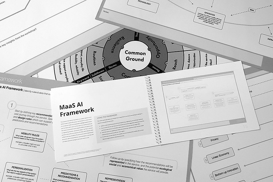 A black and white photo of different sheets of paper on top of each other. Some says "common ground" some "maas AI framework".