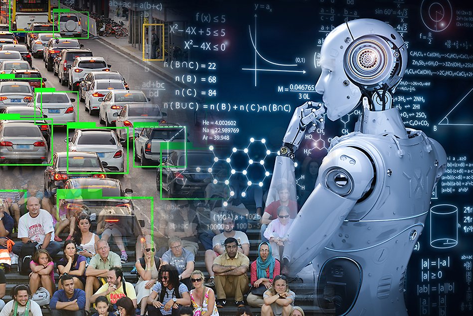 A collage illustrating machine learning with vehicle recognition, a robot looking at mathematical formulas, and a group of people sitting together.