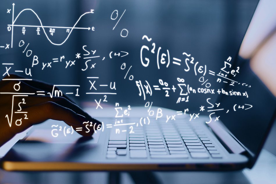 Mathematical formulas superimposed over the image of a pair of hands writing on a laptop. Photo.